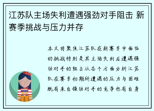 江苏队主场失利遭遇强劲对手阻击 新赛季挑战与压力并存
