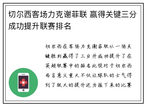 切尔西客场力克谢菲联 赢得关键三分成功提升联赛排名