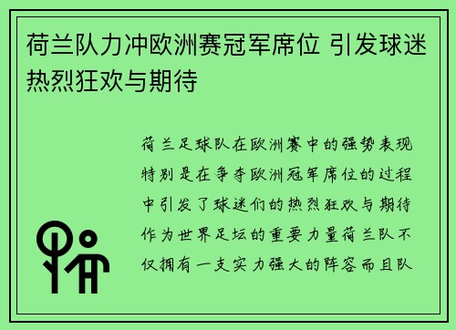 荷兰队力冲欧洲赛冠军席位 引发球迷热烈狂欢与期待