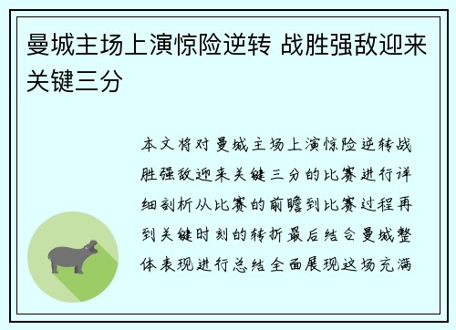 曼城主场上演惊险逆转 战胜强敌迎来关键三分