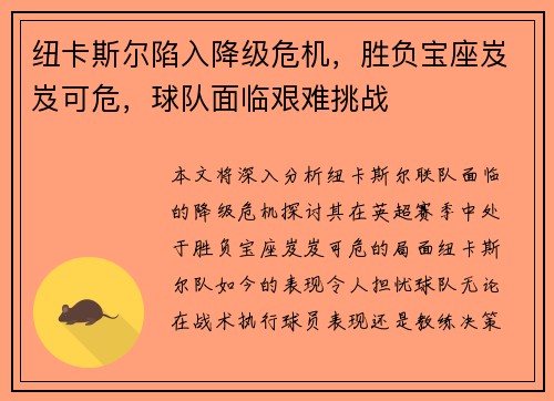 纽卡斯尔陷入降级危机，胜负宝座岌岌可危，球队面临艰难挑战